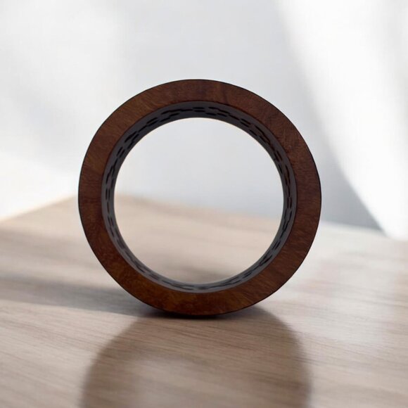 Floral Cut-out Wood Bangle with Brass Accents - Intricate Bohemian Bracelet - Picture 3 of 4